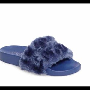 J-Slides blue Samantha Faux Fur Slide.